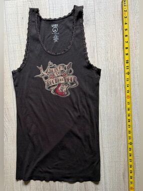 Lucky Brand Black Lace-Trim Rock & Roll Graphic Tank size XL new condition.